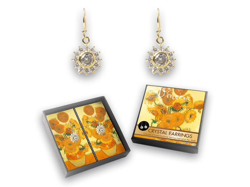Gold plated earrings with glittering crystal stones, Van Gogh, Sunflowers Dutch Master Shop 